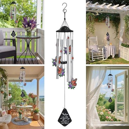 HDCRYSTALGIFTS 34'' Butterfly Wind Chimes Outdoor Large, Butterflies Aluminum Tube Memorial Windchime for Outside with S Hook,Patio Home Garden Decor, Sympathy Gifts for Loss of Loved One