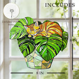 Cat Stained Glass Suncatcher Window, Hanging Sun Catchers Indoor Window, Suncatcher for Mom/Women (Monstera & Cat)