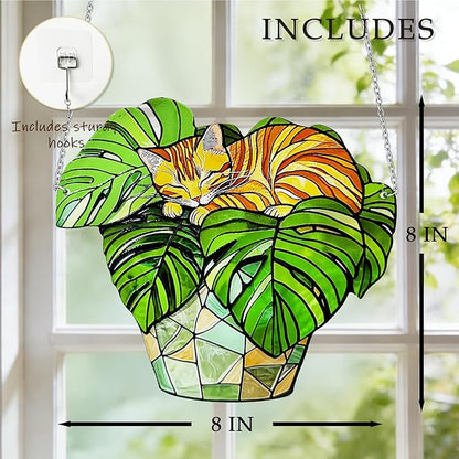 Cat Stained Glass Suncatcher Window, Hanging Sun Catchers Indoor Window, Suncatcher for Mom/Women (Monstera & Cat)