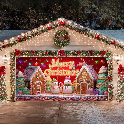 HOMETITUTE Christmas Garage Door Cover 13x6ft Snowman Gingerbread House Holiday Banner Red Background Colorful Lights Gift Boxes Seasonal Backdrop Outdoor Indoor Winter Party Festive Wall Porch