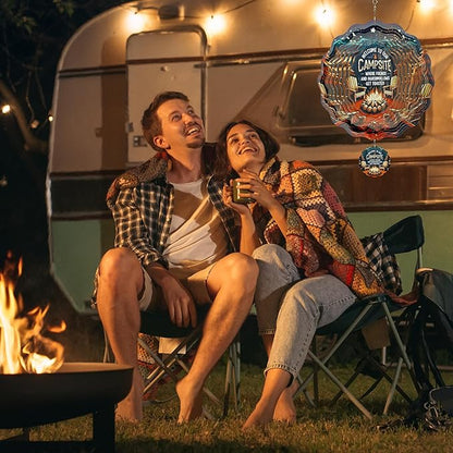 Metal Wind Spinners Outdoor - 3D Hanging Wind Spinner Camping Decor 12 Inch Kinetic Spinning Art Sculpture Welcome to Our Campsite Ornaments for Patio Lawn Garden Yard Gifts for Friends
