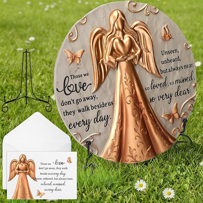 1 Set Bronze Angel Memorial Garden Stone with Plaque Stand and Sympathy Card, Outdoor Heartwarming Memorial Garden Stepping Stone, Sympathy Present for Loss of Loved One, Pet & Family