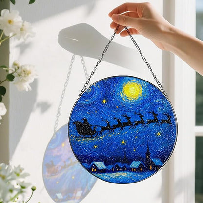 8-Inch Starry Night Santa Sleigh Stained Glass Window Hanging & Ornament: Stained Glass Suncatcher Ornament, Sun Catcher Window Decor – Gifts Exchange, Gift Idea, Gifts for Christmas & Holidays