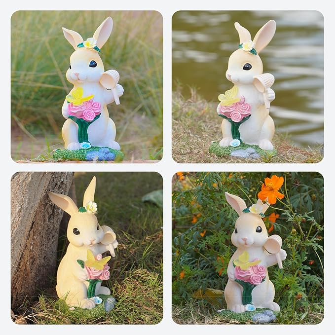 Garden Statues Rabbit with Solar Light,Bunny Outdoor Garden Decor Ornaments for Patio Yard Art,Birthday Easter House Warming Garden Gift for Women Mom,Resin Animal Figurine with Wider Base