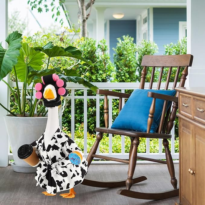 Shyyween Lady Porch Goose Outfit for 23'' Cement Plastic Lawn Goose Statue Clothes Cow Pattern Bathrobe Coffee Cup Curlers for Outdoor Garden Yard Patio Decoration