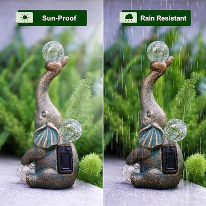 Solar Elephant Statue Outdoor Decor with 15 LED Crackle Ball, Garden Patio Sculpture Light, Waterproof Lucky Elephant Gift for Mom, Housewarming, Birthday, Yard & Porch Decoration