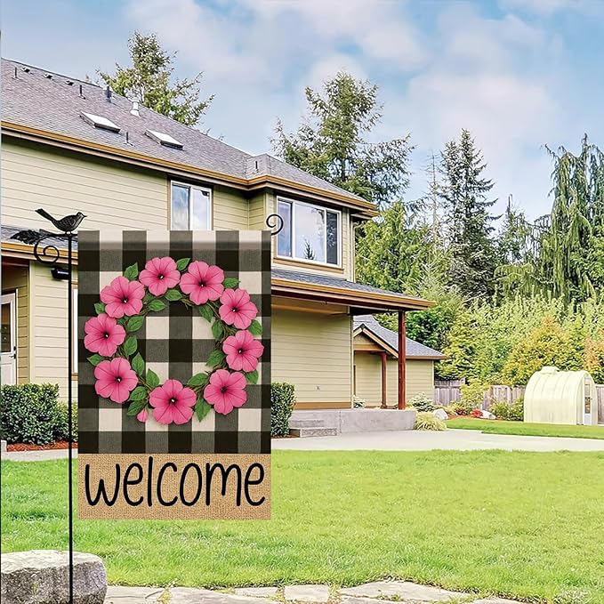 Buffalo Plaid Welcome Wreath Garden Flag Pink Petunia Flower Flag 12×18 Inch Double Sided Spring Outdoor Decor Welcome for Porch Patio Lawn Yard Farmhouse Seasonal Outside