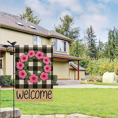 Buffalo Plaid Welcome Wreath Garden Flag Pink Petunia Flower Flag 12×18 Inch Double Sided Spring Outdoor Decor Welcome for Porch Patio Lawn Yard Farmhouse Seasonal Outside