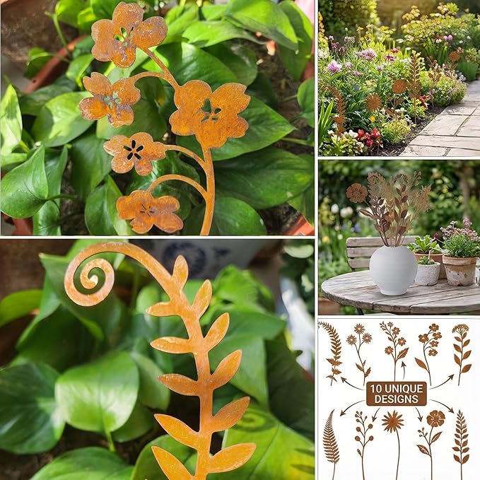 10 Pcs Rusty Metal Flower Garden Stakes,Rustic Metal Fern Leaf Plants,Iron Art Plant Shaped Decoration for Outdoor Lawn Walkway Patio