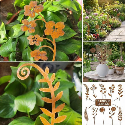 10 Pcs Rusty Metal Flower Garden Stakes,Rustic Metal Fern Leaf Plants,Iron Art Plant Shaped Decoration for Outdoor Lawn Walkway Patio