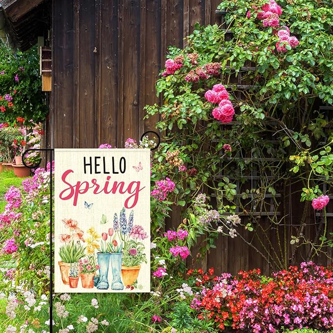 Hello Spring Garden Flags for Outside,Spring Theme Garden Flag Yard Lawn Porch Flags for Outdoor Decorations 12x18 Inch Double Sided