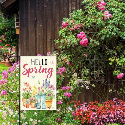 Hello Spring Garden Flags for Outside,Spring Theme Garden Flag Yard Lawn Porch Flags for Outdoor Decorations 12x18 Inch Double Sided