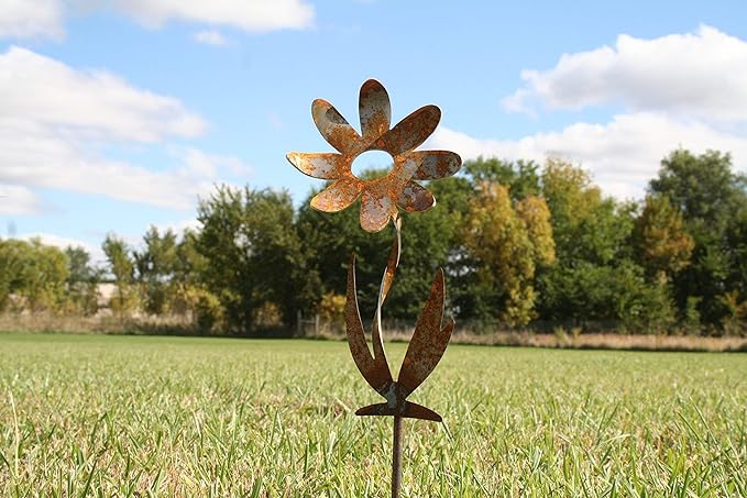 Metal Rustic and Colorful Flower Stakes Ranging from 9.5 to 36 Inches Tall (Daisy, Butterfly and Twisted Daisy Set, Naturally Rusted)
