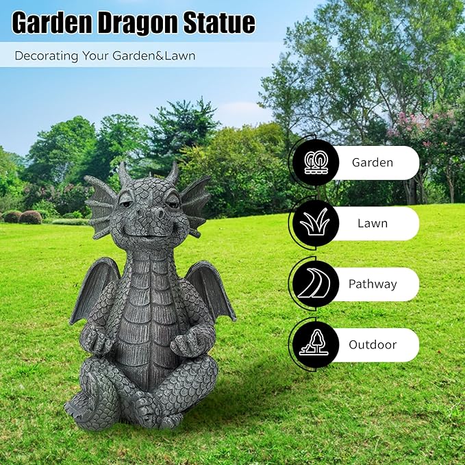 UTTCMK Garden Dragon Statue Decor - Meditation Dragon Sculpture Figurine Outdoor Decoration, Zen Yoga Garden Art Sculpture for Patio Lawn Yard Balcony Indoor Decor(Hands Flat)