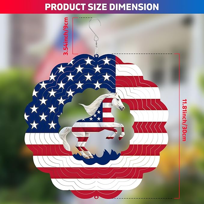 Horse Metal Wind Spinner for Garden, Horse Gifts for Independence Day Women Men Mother Father, 12 Inch Hanging Wind Spinner for Outdoor & Indoor Decorations