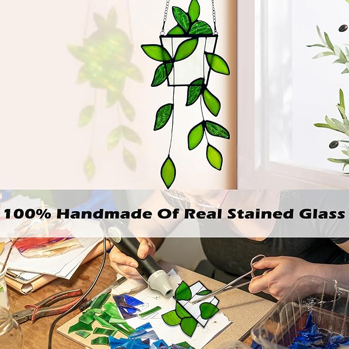 Plant Stained Glass,Stained Glass Window Hanging,Real Handmade Suncatcher,Artificial Green Plants Decor for Women Mom Grandma Plant Lovers,Sun Catcher for Home Windows