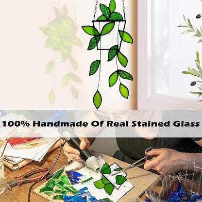 Plant Stained Glass,Stained Glass Window Hanging,Real Handmade Suncatcher,Artificial Green Plants Decor for Women Mom Grandma Plant Lovers,Sun Catcher for Home Windows