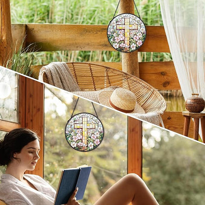 Christian Floral Suncatcher Stained Glass Cross Window Hanging Wall Decor, Christmas Religious Gifts for Women, Easter Religious Cross Garden Lawn Sun Catchers for Window Hanging Art,7.9x7.9In