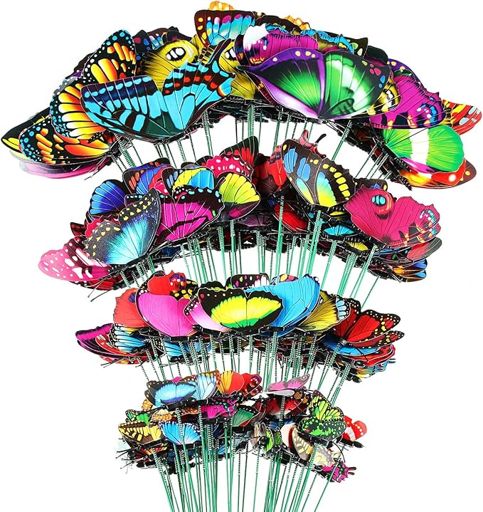 Aoriher 200 Butterfly Garden Stakes, 4 Sizes, Artificial Waterproof Butterflies Stakes for Flower Bouquet Yard Art Patio Plant Pot Flower Bed Home Decor