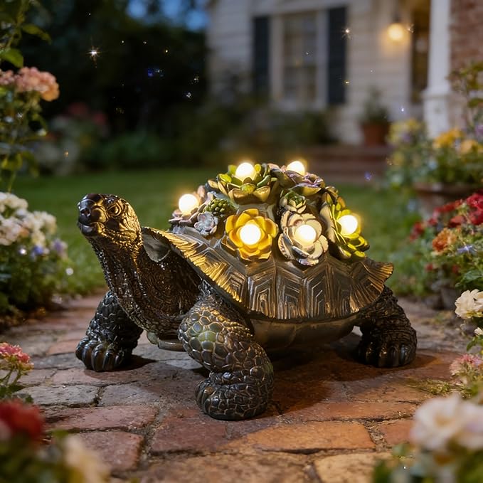 Solar Powered Succulent Turtle Statue, Resin Garden Decor with LED Lights, Waterproof Outdoor Ornament for Patio, Yard, Lawn, Porch, Unique Housewarming Gifts