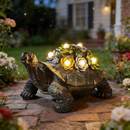 Solar Powered Succulent Turtle Statue, Resin Garden Decor with LED Lights, Waterproof Outdoor Ornament for Patio, Yard, Lawn, Porch, Unique Housewarming Gifts