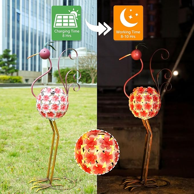 Afirst Solar Flamingo Outdoor Decor Metal Flamingo Figurine Light with Flowers Pink Flamingos Solar Sculptures & Statues for Yard Outdoor Lawn Decoration