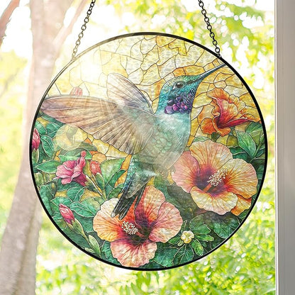 FLAGWIX Christmas Hummingbird Gifts for Women Men - Stained Glass Window Hanging 10 in - Sun Catchers Indoor Window for Home Decor, Hibiscus Hummingbird Suncatcher, Christmas Decorations