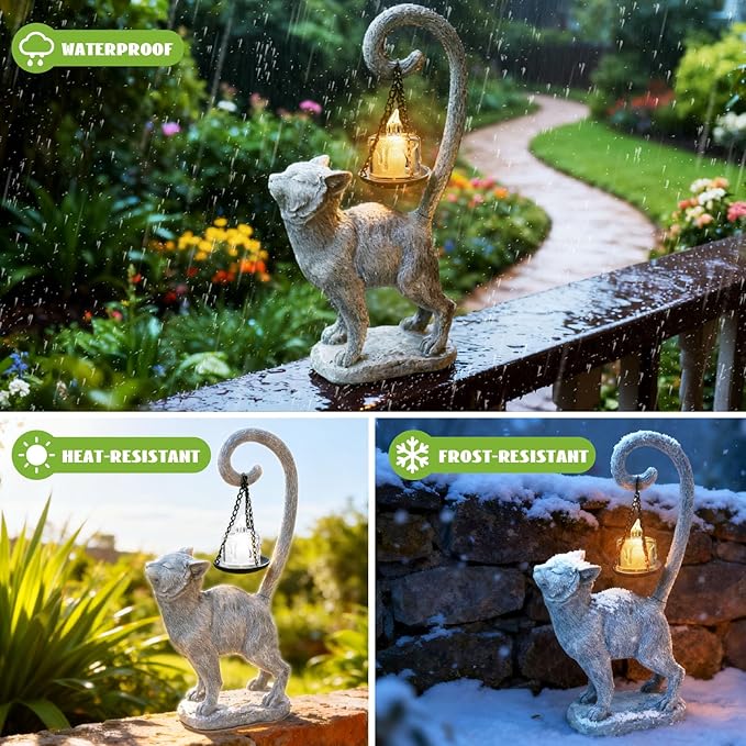 Standing Cat Garden Statue Candle Holder for Outdoor Garden Patio and Indoor Decor for Cat Lovers Women and Home Ambiance Grey Stone