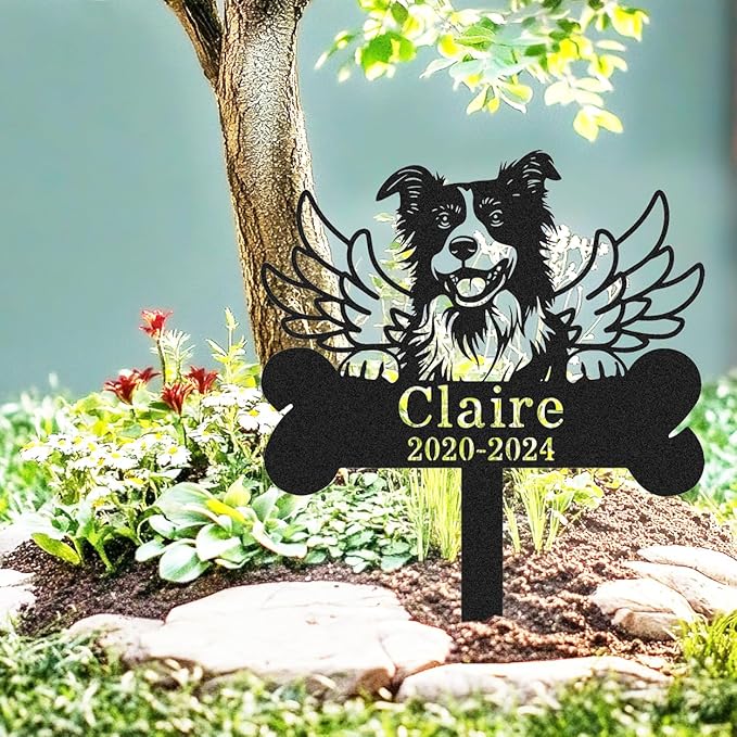 Personalized Border Collie Dog Memorial Stake Metal Engraved Sign Grave Marker with Wings, Custom Dog Statue Memorial Plaque Border Collie Outdoor Cemetery Garden Stake Yard Sign with Bone