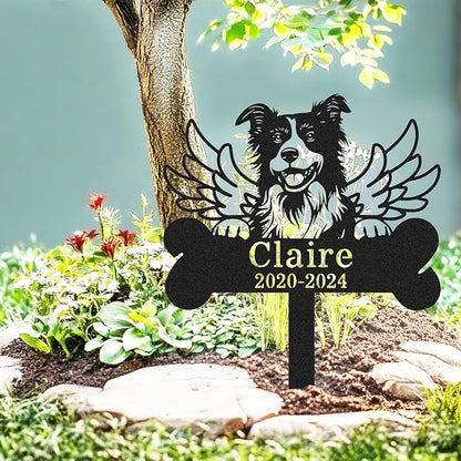 Personalized Border Collie Dog Memorial Stake Metal Engraved Sign Grave Marker with Wings, Custom Dog Statue Memorial Plaque Border Collie Outdoor Cemetery Garden Stake Yard Sign with Bone