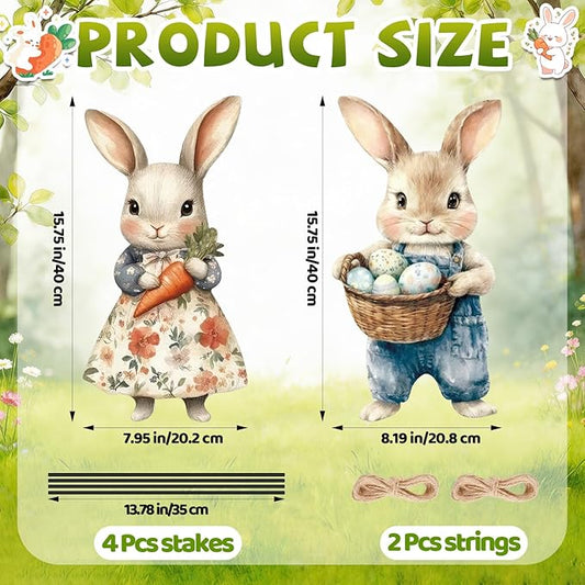2 Pcs Easter Metal Vintage Bunny Yard Signs, Retro Bunny Couple Easter Decorations Outdoor, Farmhouse Rustic Rabbit Hanging Wall Decor with Carrot Eggs for Home Family Outside Spring Patio