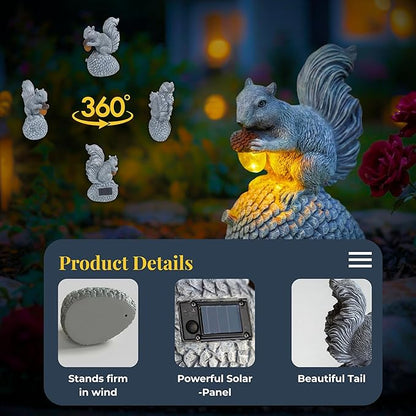 Solar Garden Statue – Hand-Painted Resin Squirrel on Pinecone with Glowing LED Acorn – Charming Yard, Patio & Balcony Decor – Gift for Mom, Grandma & Garden Lovers