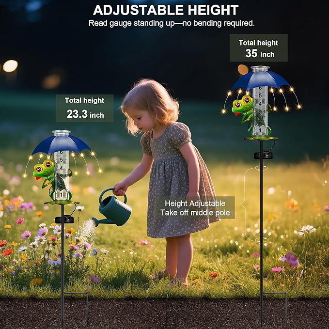 Rain Gauge Outdoor, Frog Rain Gauges with LED Solar Lights Yard Decoration, Metal Yard Art Garden Statues Frog Gifts for Women, Funny Rain Gauge Outdoor Decorative for Patio Garden Decor