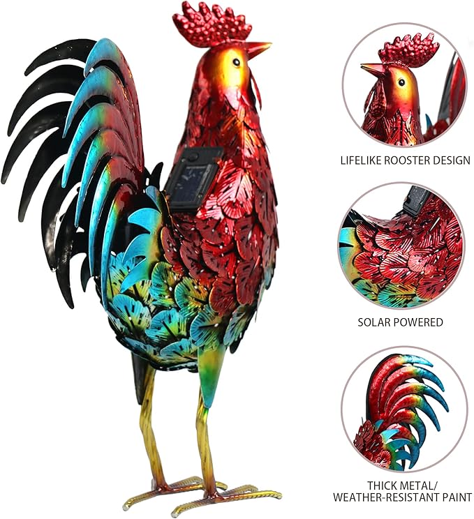 Kircust Solar Metal Rooster Animal Lights Garden Sculptures Art Decor, Outdoor LED Light Color Chicken Statue for Farm Patio Lawn Back Yard Home Decorations,13.98" WX5.9 DX16.74 H