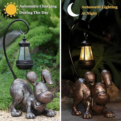 Laughing Dog Figurine with Solar-Powered LED Light 15.9 Inch Tall Antique Bronze, Perfect for Gift Garden Decor or Housewarming for Dog Lovers