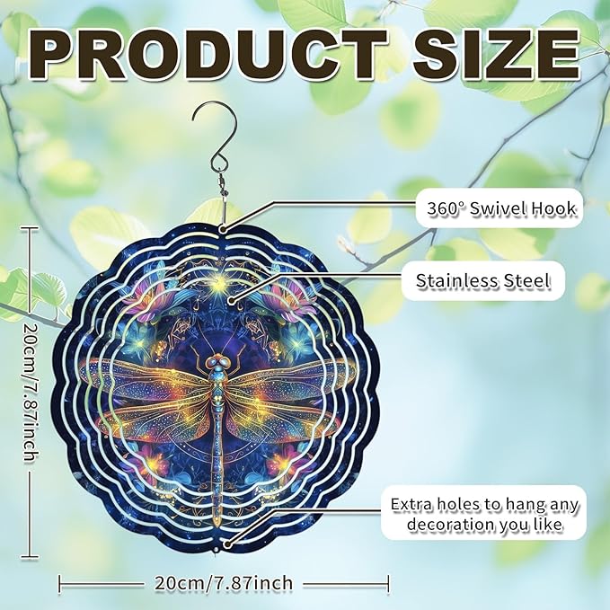 Dragonfly Wind Spinners Outdoor, Hanging Wind Spinner for Garden Decoration, 8 inch 3D Stainless Steel Metal Wind Sculpture for Indoor/Outdoor Decor