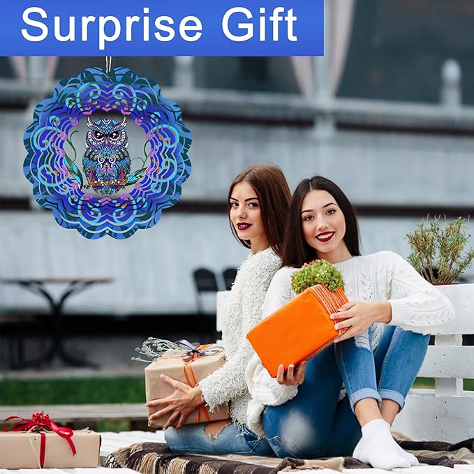 Wind Spinner Mandala 12 inch 3D Stainless Steel Laser Cut Metal Art Geometric Pattern Hanging Wind Spinner (owl)
