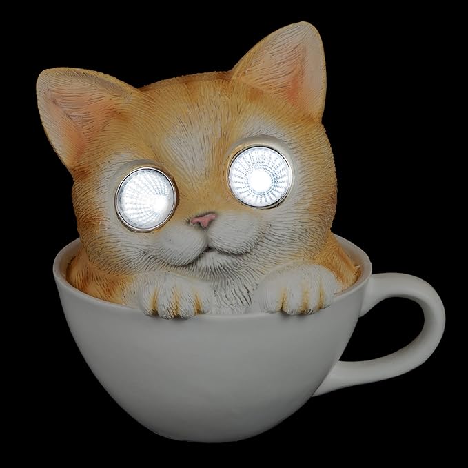 Blazin Cat in Cup Solar Garden Decorations Figurine | Outdoor LED Decor Figure | Light Up Decorative Statue Accents for Yard, Patio, Lawn, or Deck | Great Housewarming Gift Idea (Brown, 1 Pack)