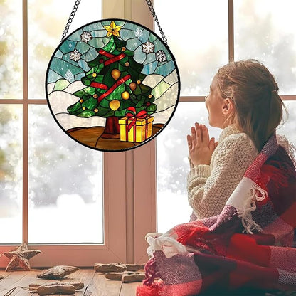 DASTOLL Stained Glass Window Hanging Green Christmas Tree Snowflake Large 15" - Suncatcher Door Garden Sun Catcher Xmas Holiday Decor Birthday for Mom Men Woman Friend Nana