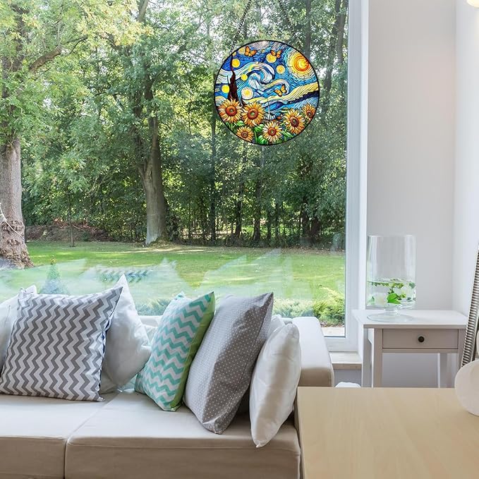 Sunflower Starry Sky Stained Glass Window Hanging,7.87inch Sun Catchers Glass Panel with Chain, Ornament for Home, Garden, Christmas, Mother’s Day, Housewarming Gifts for New Home, Festival Gift