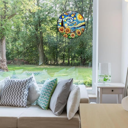 Sunflower Starry Sky Stained Glass Window Hanging,7.87inch Sun Catchers Glass Panel with Chain, Ornament for Home, Garden, Christmas, Mother’s Day, Housewarming Gifts for New Home, Festival Gift