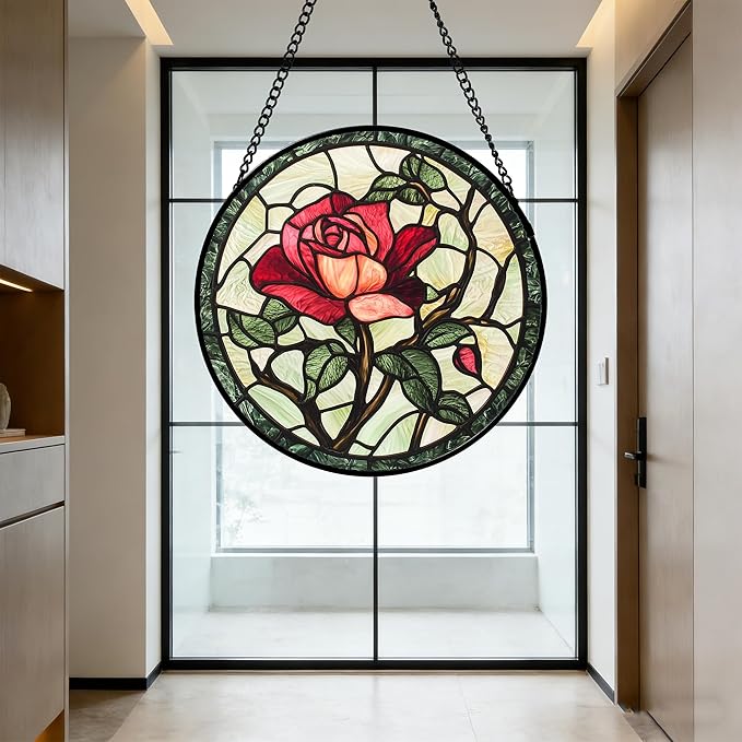 Stained Glass Window Hanging, Red Rose Flowers Sun Catcher for Door Garden Home Decor Suncatcher Christmas Mother's Day Birthday Gifts for Women Lovers Men Wife Girlfriend Mom Nana 15 in