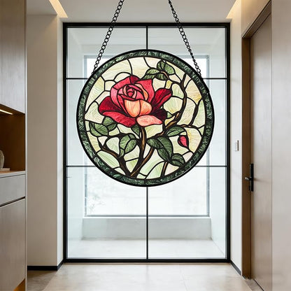 Stained Glass Window Hanging, Red Rose Flowers Sun Catcher for Door Garden Home Decor Suncatcher Christmas Mother's Day Birthday Gifts for Women Lovers Men Wife Girlfriend Mom Nana 15 in