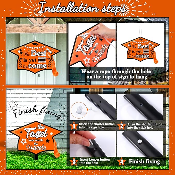 Chunful 12 Pack Graduation Yard Signs Grad Decoration 2026 Happy Graduate Lawn Garden Sign with Stake Congrats Outdoor Plastic Cap Hanging Ornament for Class Pathway Walkway Porch Party(Orange)