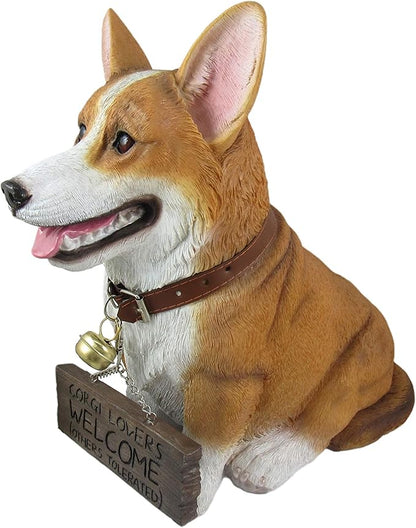 Charming 11.5 Inch Realistic Welsh Corgi Dog Statue with Reversible Sign Perfect for Indoor and Outdoor Pet Decor - Ideal for Home, Garden, Porch, and Patio Accent