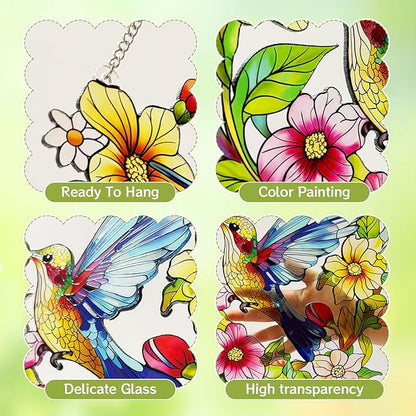 Stained Glass Window Hanging Hummingbird and Flower Suncatcher, Marzovitra 10 Inch Colorful Window Art Bird Sun Catcher for Home Decor, Garden, Patio Gift for Nature and Bird Lovers (Blue Hummingbird)