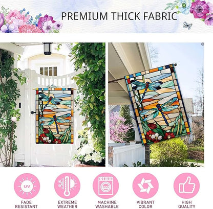 Spring Summer Dragonfly Garden Flag Glass Style Flowers Garden Flag Vertical Double Sided Rustic Farmland Burlap Yard Lawn Outdoor Decor 28x40"