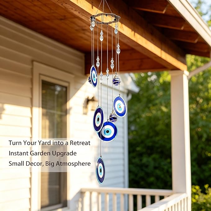 YU FENG Blue Evil Eye Wind Chimes for Outside 19" Hanging Ornament Metal Windchimes Outdoors Garden Decoration