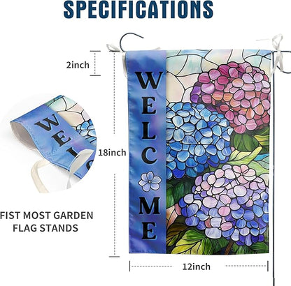 Hydrangea Spring Summer Garden Flag for Outside Stained Glass Flower Yard Decor 12x18 Double Sided Blue Floral Welcome Outdoor Banner