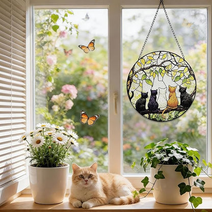 Stained Glass Window Hanging, 8 Inch 5 Cats on a Branch Suncatcher, Sun Catchers Indoor Window, Suncatchers for Windows Hanging, Spring Home Garden Decor Panel, Cat Lover Gifts for Women Mom Grandma